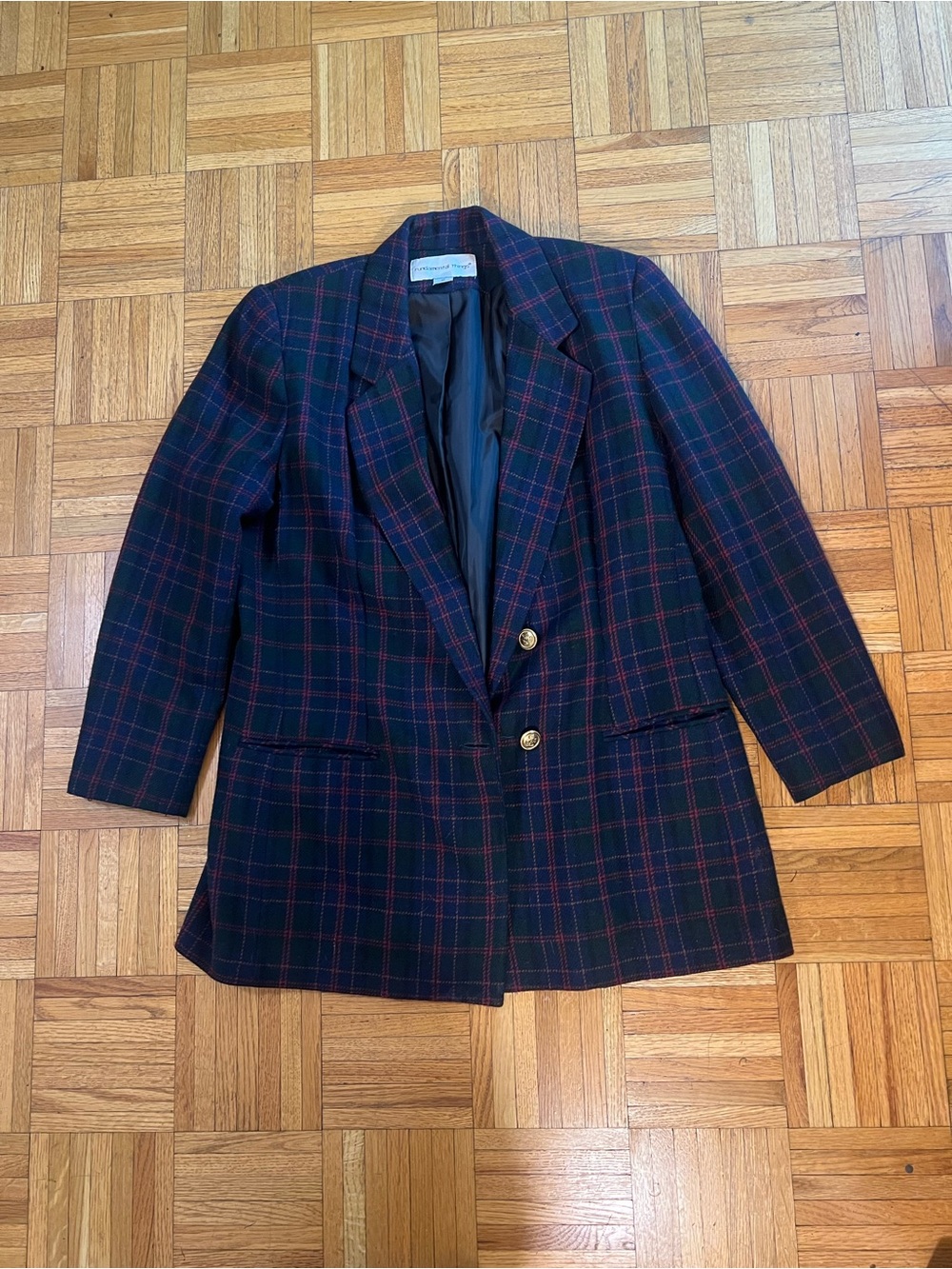 Vintage 90s Oversized Blazer Fundamental Things Navy & Red Plaid Blazer size 12